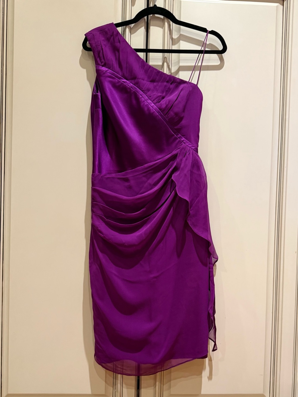 NWOT Dina Bar-El Purple One Shoulder Silk Cocktail Dress 
Sz 8 fits Sz 4